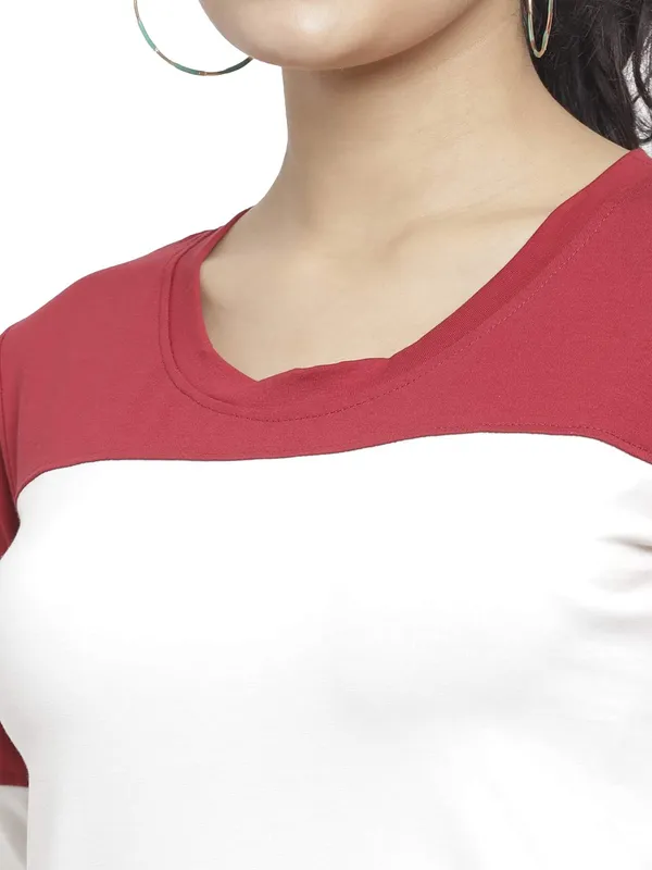 MaroonOffWhite_Cotton_Strechable_Long_Sleeves_Tee_Top_T-ShirtsOff_For_Women
