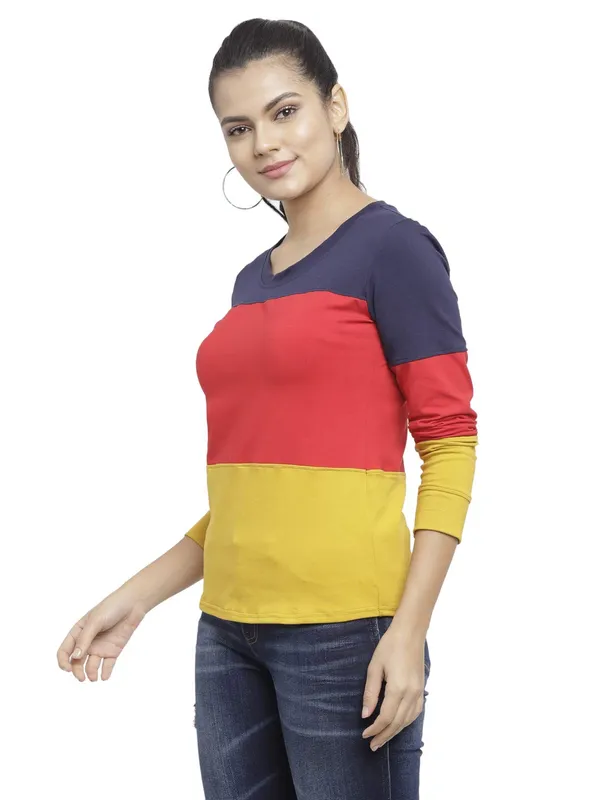 NavyRedMustard_Cotton_Strechable_Long_Sleeves_Tee_Top_T-ShirtsRed_For_Women