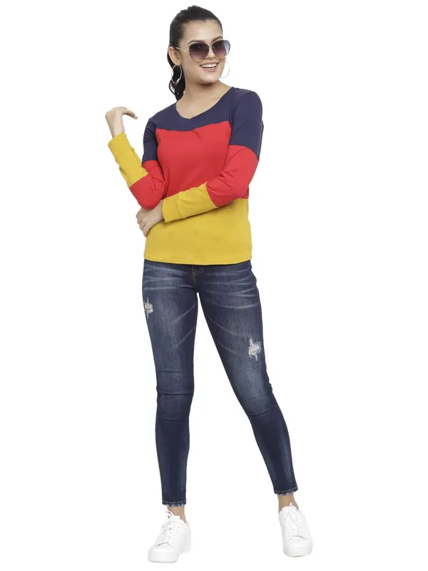 NavyRedMustard_Cotton_Strechable_Long_Sleeves_Tee_Top_T-ShirtsRed_For_Women