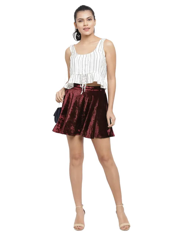 Maroon_Velvet_Shiny_Flared_Club_Skater_Short_Mini_Skirt_For_Women