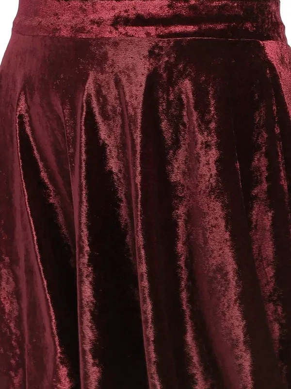 Maroon_Velvet_Shiny_Flared_Club_Skater_Short_Mini_Skirt_For_Women