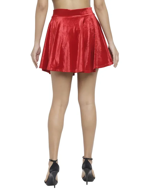 Red_Velvet_Shiny_Flared_Club_Skater_Short_Mini_Skirt_For_Women