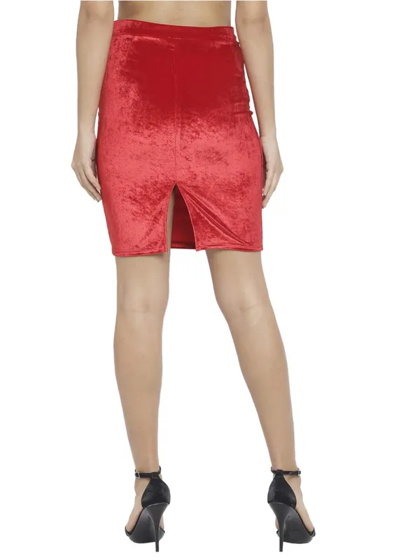 Red_Velvet_Shiny_Straight_Knee_Length_Club_Pencil_Skirt_For_Women