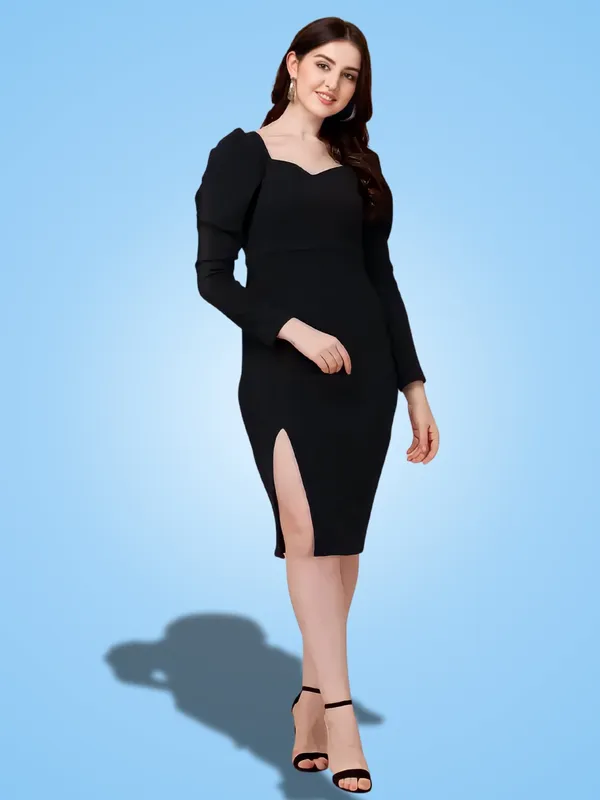 Black_Polyester_Party_Wear_Sweet-Heart_Neck_With_Puff_Sleeve_Bodycon_Dress_For_Women