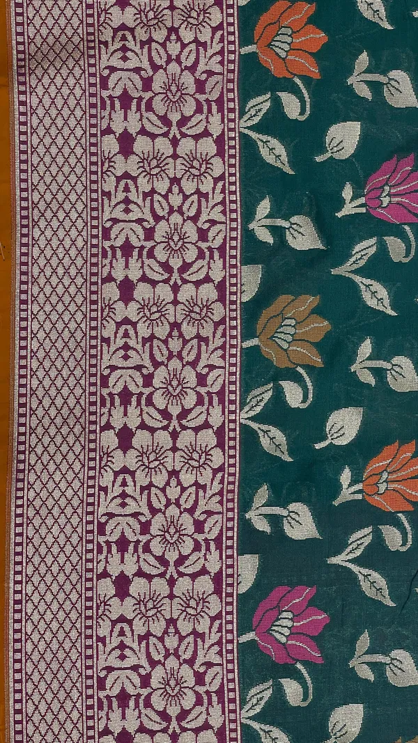 Humairah_Presents_Dark_Green_Katan_Silk_Zari_Floral_Mina_Boota_with_Contrast_Pink_Floral_Zari_Border_and_Pink_Blouse