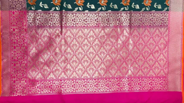 Humairah_Presents_Dark_Green_Katan_Silk_Zari_Floral_Mina_Boota_with_Contrast_Pink_Floral_Zari_Border_and_Pink_Blouse