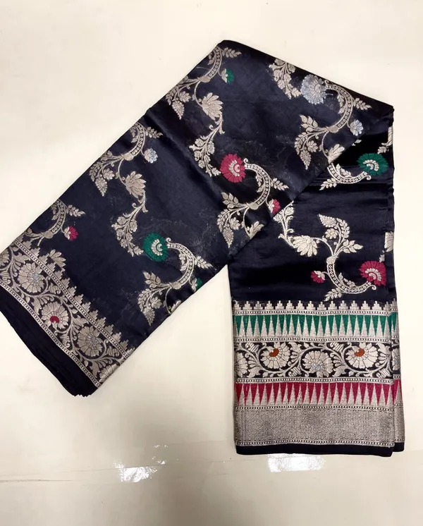 Humairah_Pure_Handloom_Black_Dupion_Silk_Tilfi_Mina_Floral_Zari_Stripe_Jaal_with_Skirt_Dual_Mina_Zari_Border_and_Black_Blouse