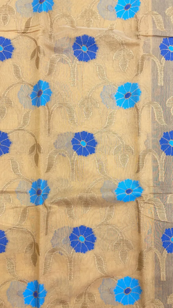 Humairah_Presents_Beige_Cotton_Golden_Floral_Zari_Mina_Boota_Zari_Jaal_with_Banarasi_Zari_Border_and_Pallu_and_Contrast_Blue_Blouse