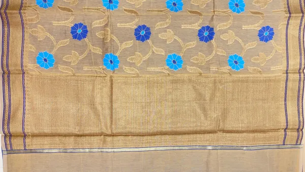 Humairah_Presents_Beige_Cotton_Golden_Floral_Zari_Mina_Boota_Zari_Jaal_with_Banarasi_Zari_Border_and_Pallu_and_Contrast_Blue_Blouse