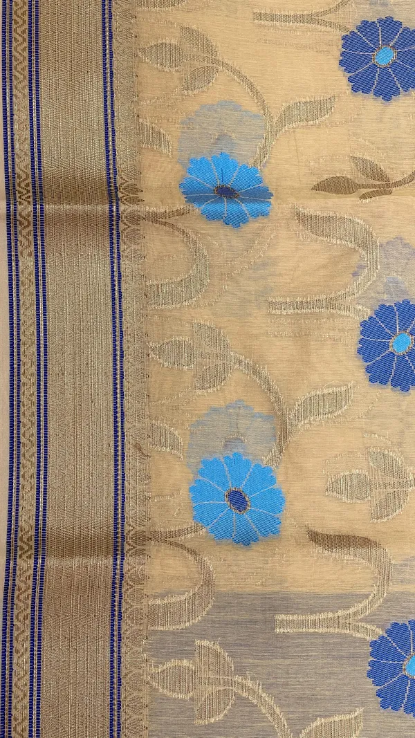 Humairah_Presents_Beige_Cotton_Golden_Floral_Zari_Mina_Boota_Zari_Jaal_with_Banarasi_Zari_Border_and_Pallu_and_Contrast_Blue_Blouse