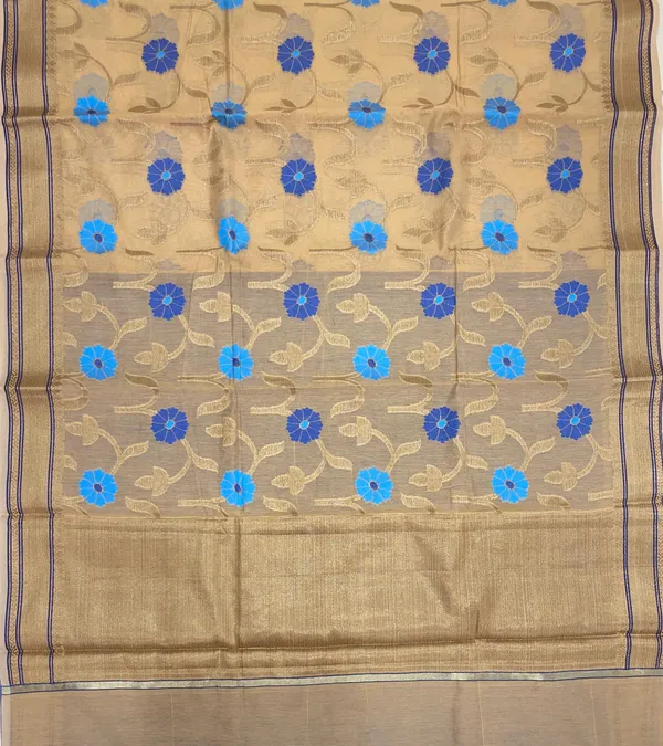 Humairah_Presents_Beige_Cotton_Golden_Floral_Zari_Mina_Boota_Zari_Jaal_with_Banarasi_Zari_Border_and_Pallu_and_Contrast_Blue_Blouse