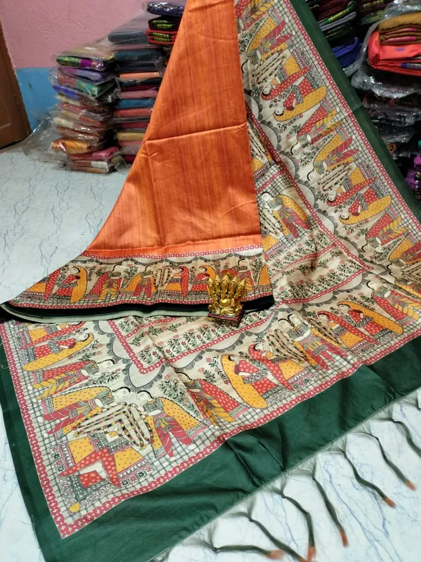 Orange_Ghicha_Silk_Madhubani_Saree