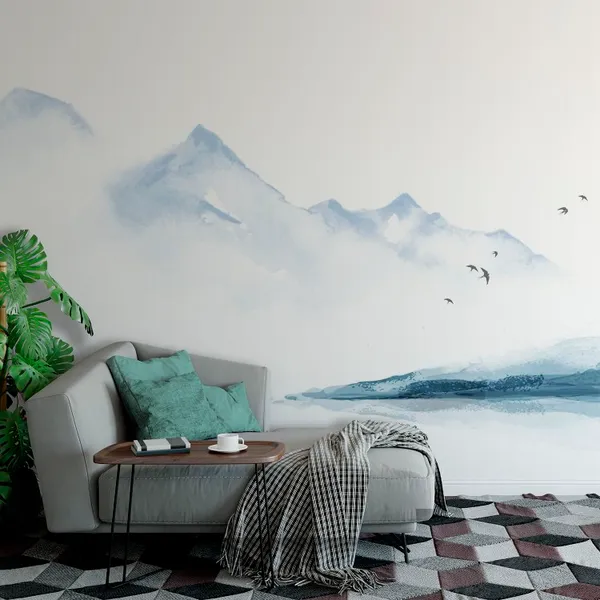 Oriental_landscape_with_lotus_flowers_and_blue_mountains._Traditional_oriental_ink_painting_sumi-e,_u-sin,_go-hua._Hieroglyph_-_happiness_Mural_Wallpaper,_PVC_Free.