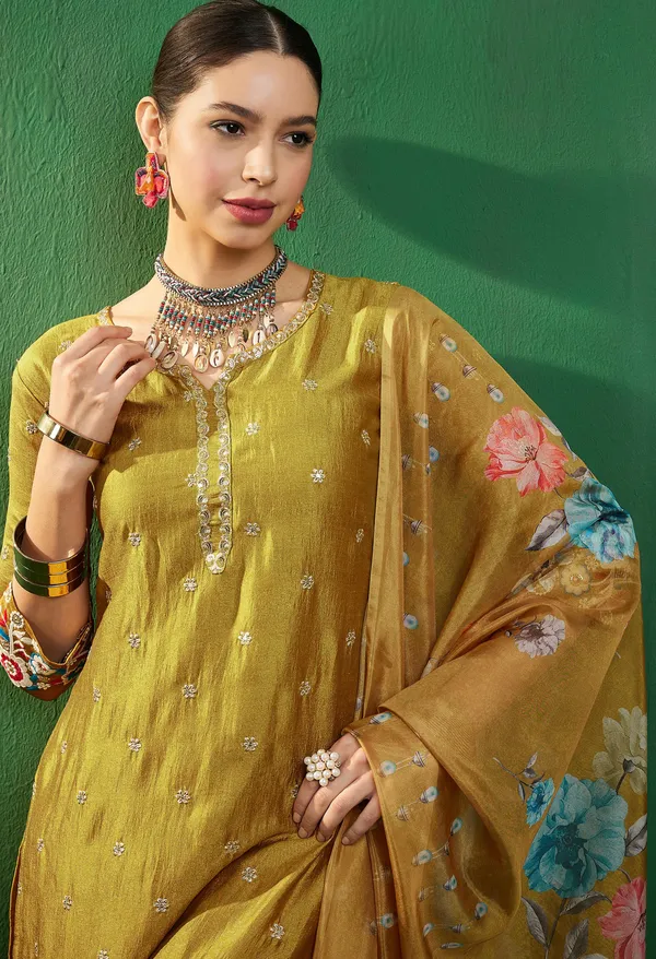 Mustard_Vichitra_Zari_Sequence_Embroidered_Kurta_Palazzo_With_Digital_Print_Organza_Dupatta_Set