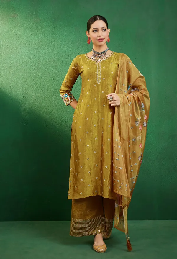 Mustard_Vichitra_Zari_Sequence_Embroidered_Kurta_Palazzo_With_Digital_Print_Organza_Dupatta_Set