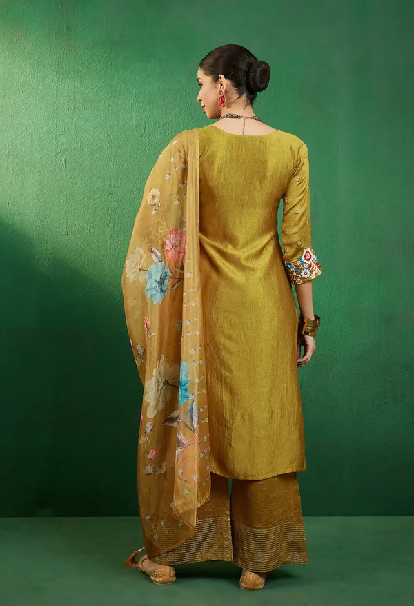 Mustard_Vichitra_Zari_Sequence_Embroidered_Kurta_Palazzo_With_Digital_Print_Organza_Dupatta_Set