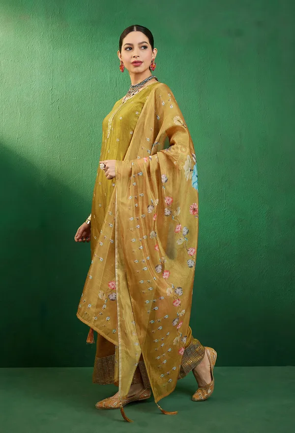 Mustard_Vichitra_Zari_Sequence_Embroidered_Kurta_Palazzo_With_Digital_Print_Organza_Dupatta_Set