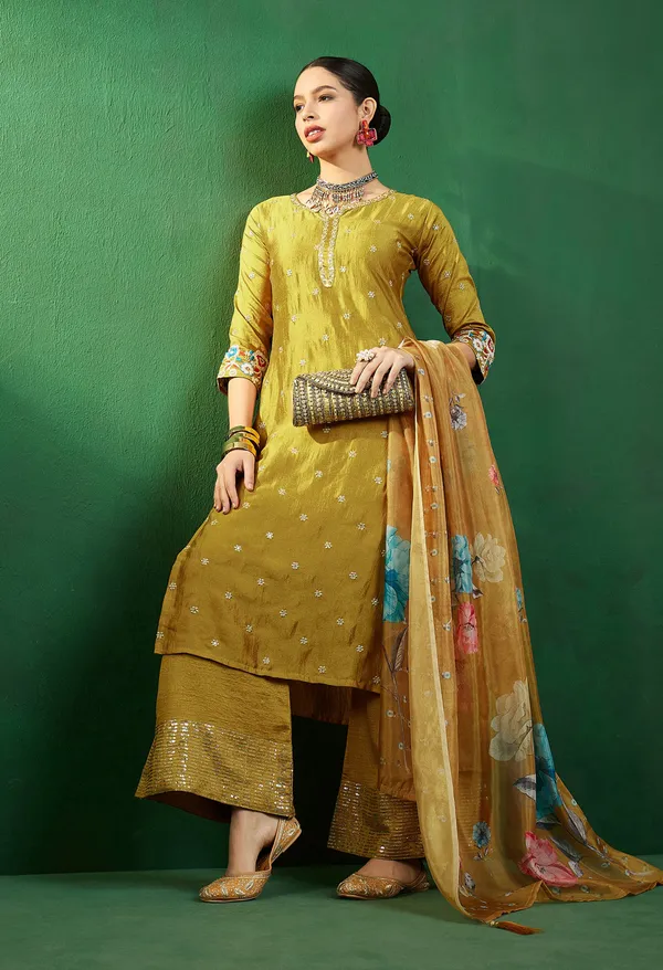 Mustard_Vichitra_Zari_Sequence_Embroidered_Kurta_Palazzo_With_Digital_Print_Organza_Dupatta_Set