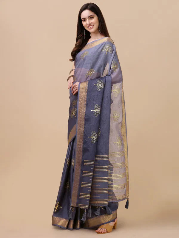 Oceanblue_tussar_silk_foil_printed_ethnic_saree