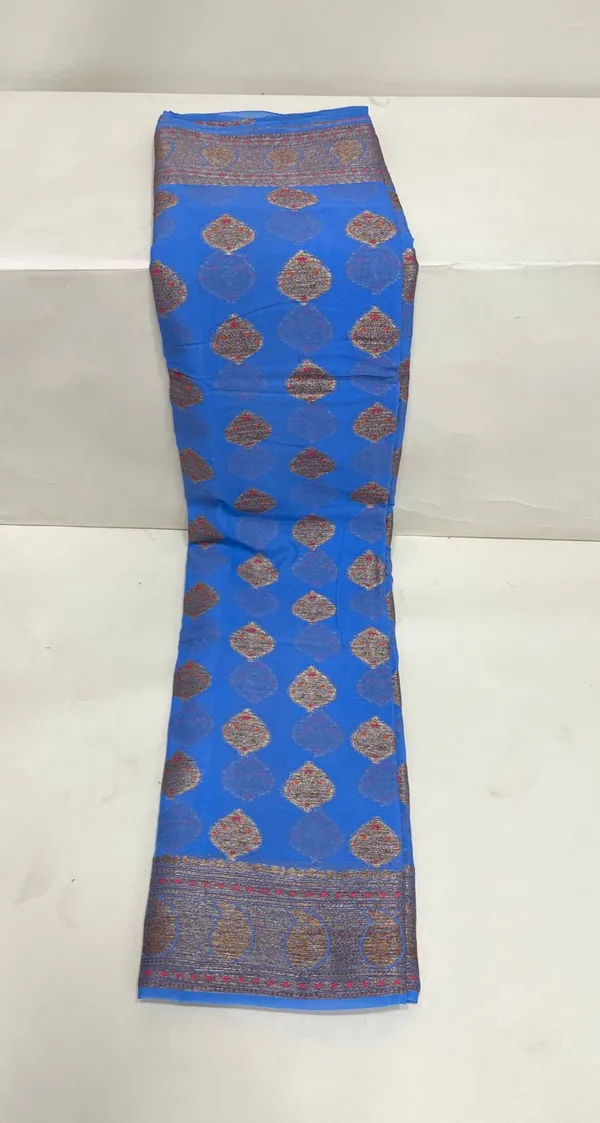 Humairah_Presents_Pure_Handloom_Blue_Chiffon_Floral_Mina_Copper_Zari_Booti_with_Paisley_Mina_Zari_Border_with_Blue_Blouse