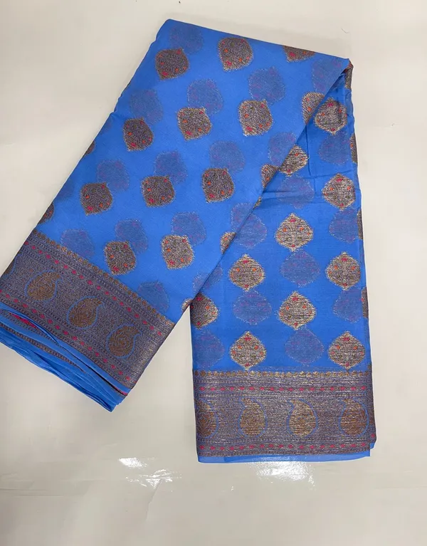 Humairah_Presents_Pure_Handloom_Blue_Chiffon_Floral_Mina_Copper_Zari_Booti_with_Paisley_Mina_Zari_Border_with_Blue_Blouse