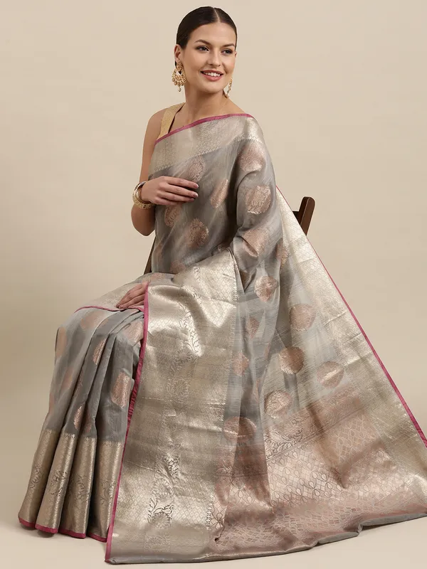 Grey_Matka_Silk/Silk_Blend_Banarasi_Sarees_For_Women