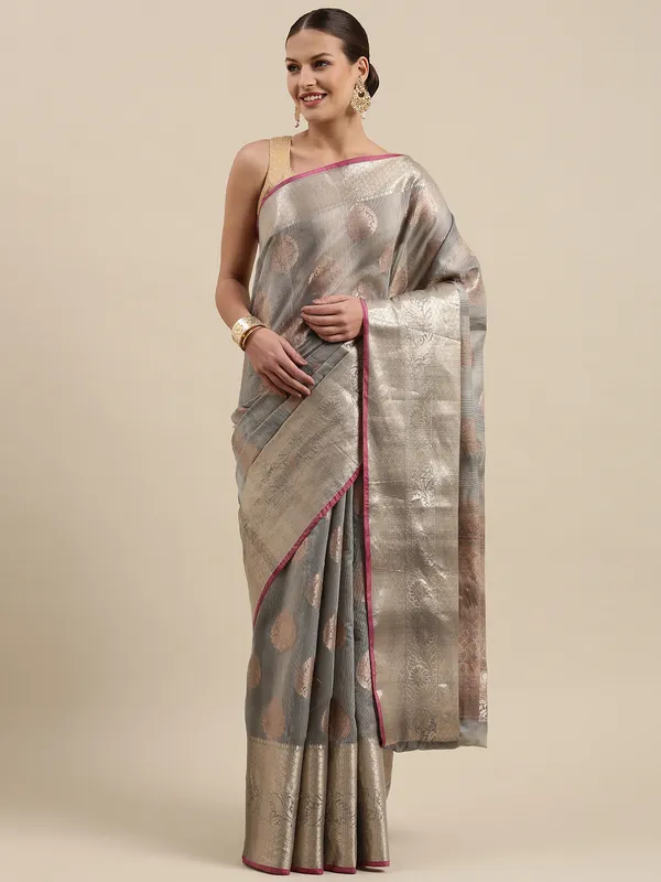 Grey_Matka_Silk/Silk_Blend_Banarasi_Sarees_For_Women