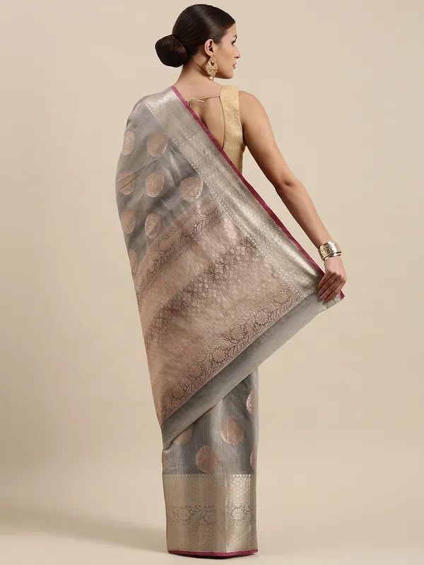 Grey_Matka_Silk/Silk_Blend_Banarasi_Sarees_For_Women