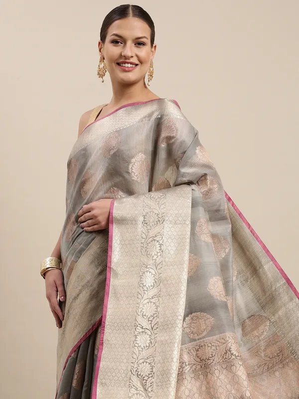 Grey_Matka_Silk/Silk_Blend_Banarasi_Sarees_For_Women
