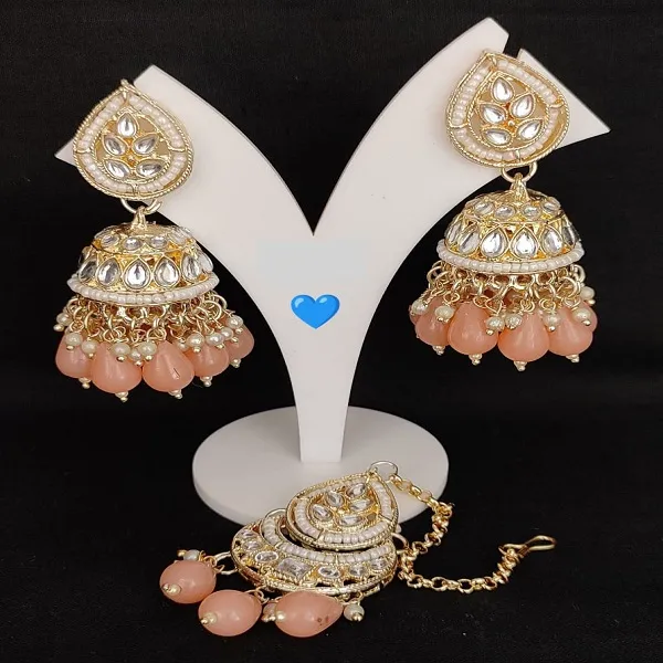 Peach_Colour_Pearls_Jhumki_Earrings_With_Mang_Tikka_For_Women.