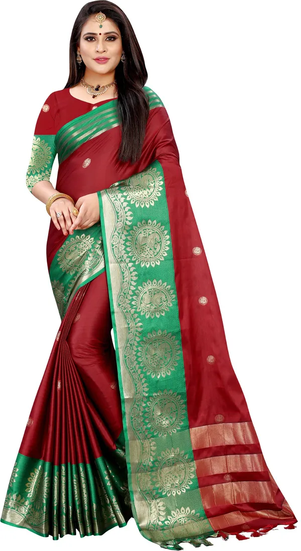 Woven_Kanjivaram_Cotton_Silk_Saree_(Green,_Maroon)