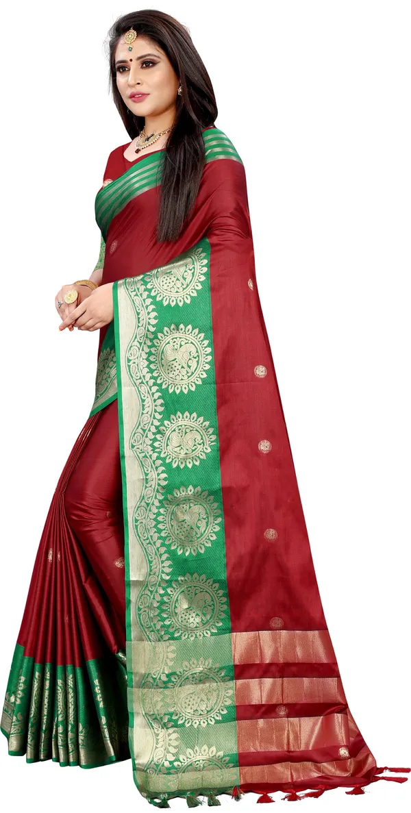 Woven_Kanjivaram_Cotton_Silk_Saree_(Green,_Maroon)