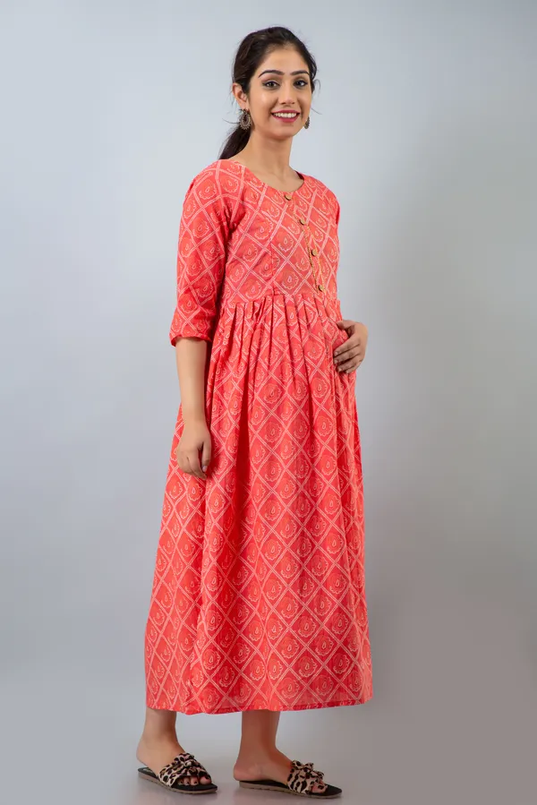 PEACH_COTTON_BHANDEJ_PRINTED_MATERNITY_KURTI