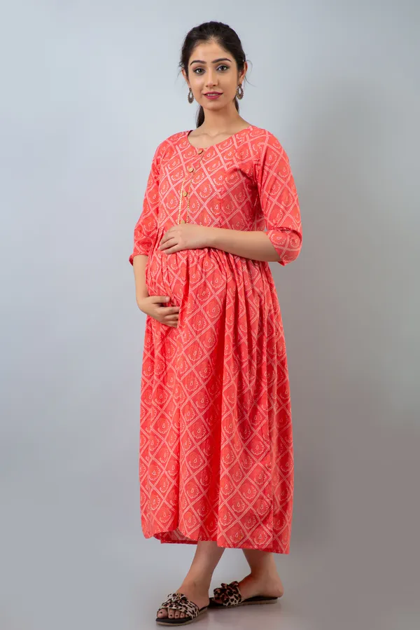 PEACH_COTTON_BHANDEJ_PRINTED_MATERNITY_KURTI