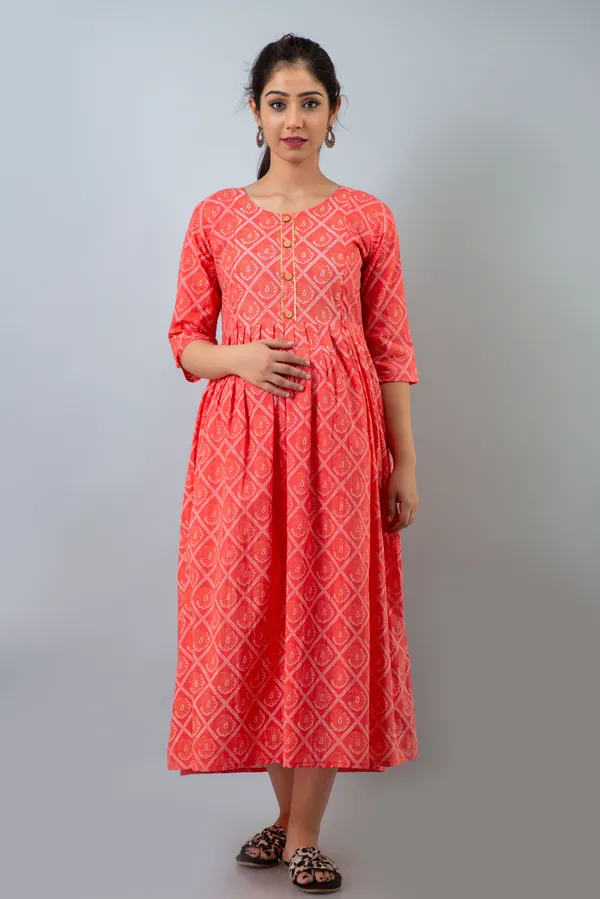 PEACH_COTTON_BHANDEJ_PRINTED_MATERNITY_KURTI