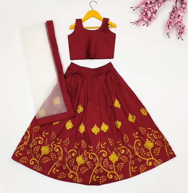 Maroon_Taffeta_Silk_Kids_Lehenga_Choli_For_girls