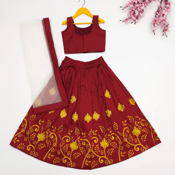 Maroon_Taffeta_Silk_Kids_Lehenga_Choli_For_girls