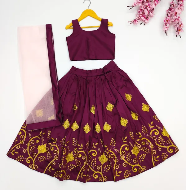Purplae_Taffeta_Silk_Kids_Lehenga_Choli_For_girls