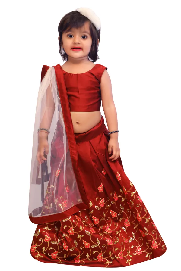 Maroon_Taffeta_Silk_Embroidered_Lehenga_Choli_with_Dupata_set_For_kids_Grils_stitched_Lehenga_Choli_For_Grils