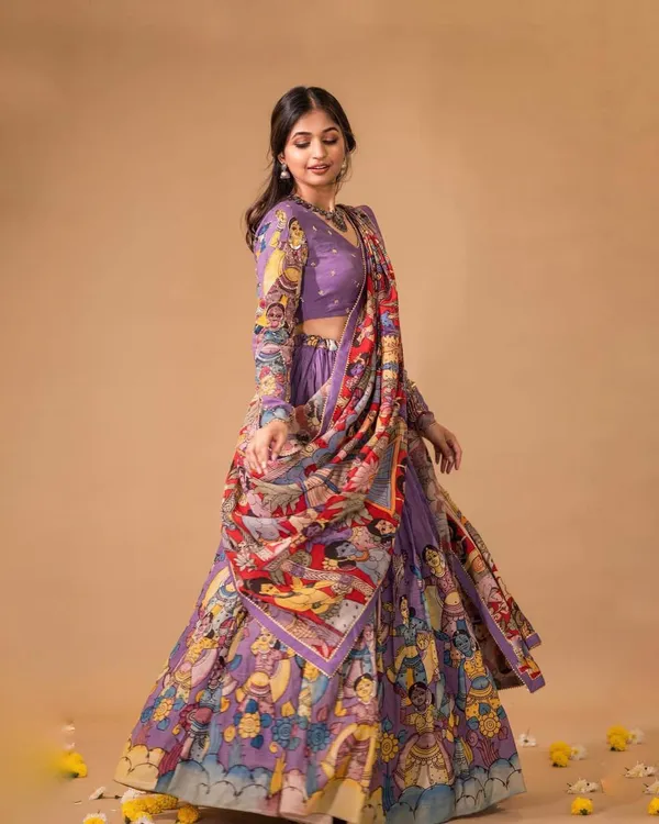 Violet_&_Violet_Kalamkari_Print_Lehenga_Choli_With_Foil_Workby_Ziblon_With_Duppata_and_Blouse_piece