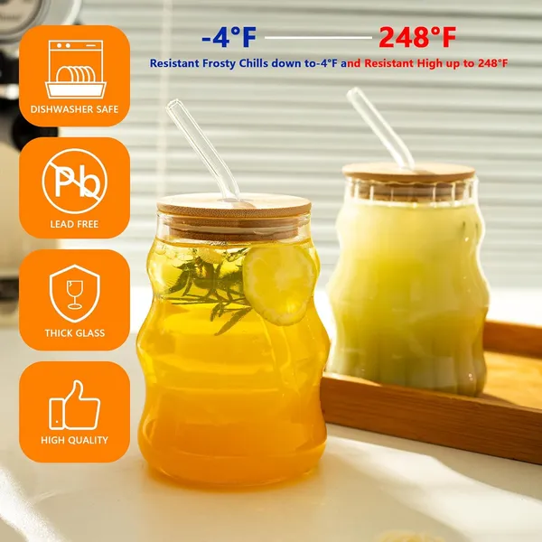 KELVEE_Curve_Glass_Coffee_Tumbler_with_Bamboo_Lid_and_Straw_Pack_of_1,_400ml_Multipurpose_Drinking_Glasses_Travel_Sipper_for_Juice_Water_Smoothies_Cocktail_Beer_Mugs_(Curve)