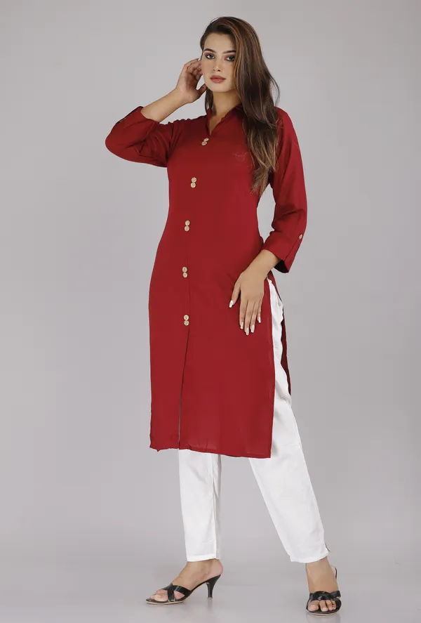 Maroon_Viscose_Rayon_Solid_Casual_Wear_Kurti_For_Women