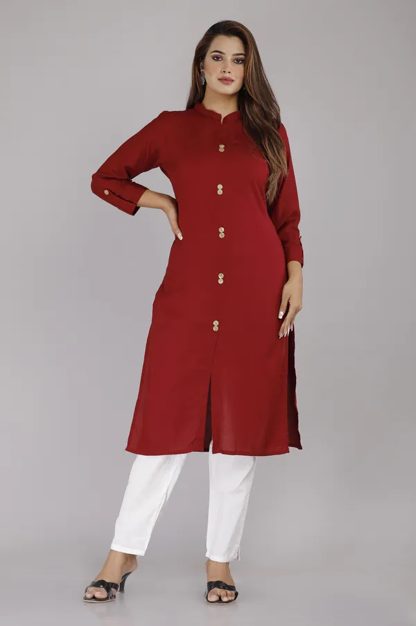 Maroon_Viscose_Rayon_Solid_Casual_Wear_Kurti_For_Women
