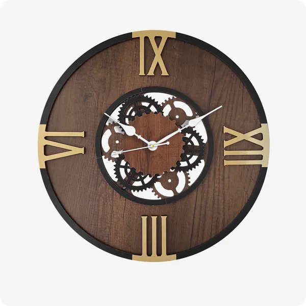 LASER_CUT_WOODEN_WALL_CLOCK_BROWN_BLACK_GOLDEN_15_INCH_ROUND