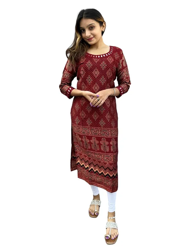 Maroon_Premium_Mashru_Silk_Long_Kurti_|__Round-Neck_Mirror_Work_For_Women