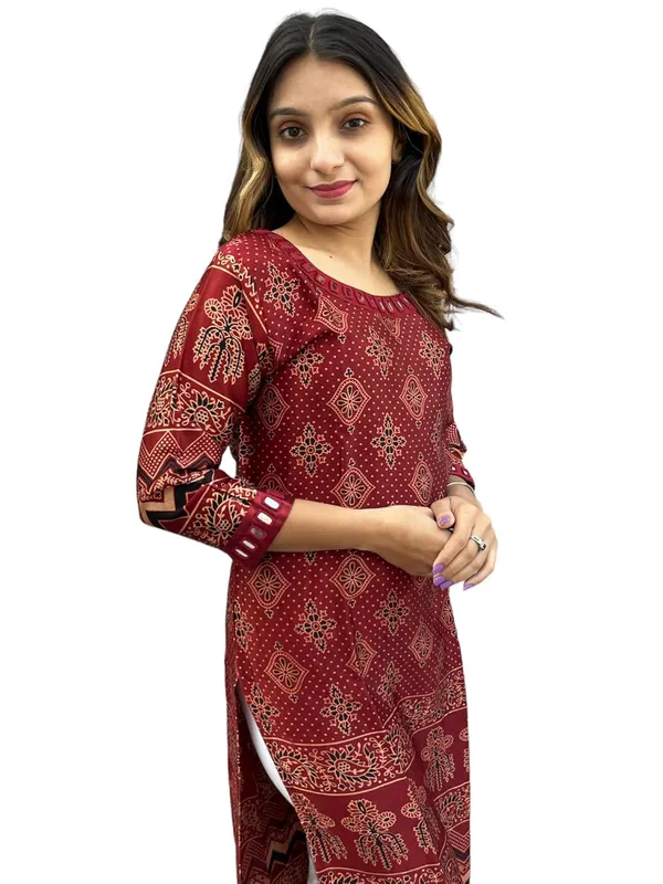 Maroon_Premium_Mashru_Silk_Long_Kurti_|__Round-Neck_Mirror_Work_For_Women