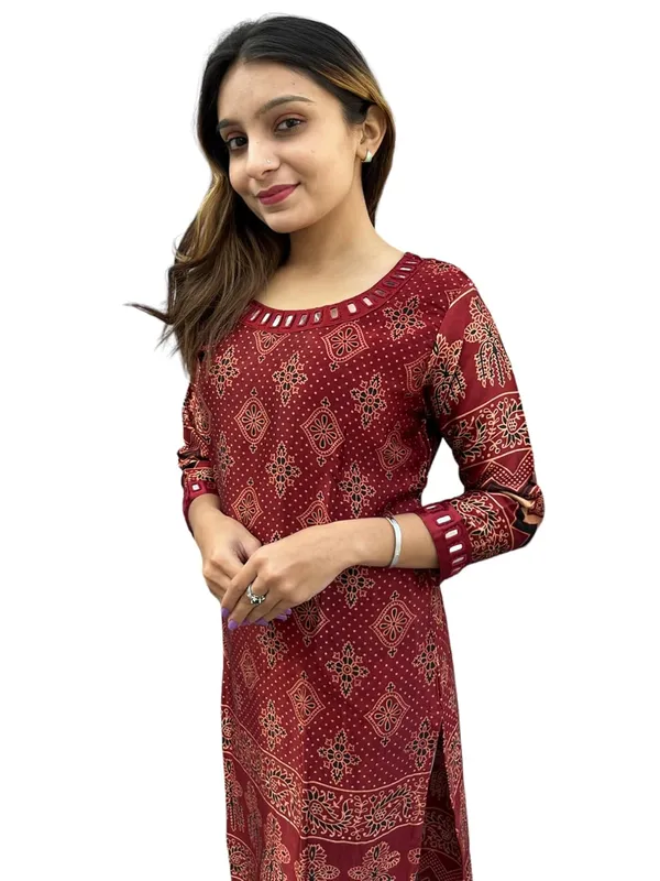 Maroon_Premium_Mashru_Silk_Long_Kurti_|__Round-Neck_Mirror_Work_For_Women