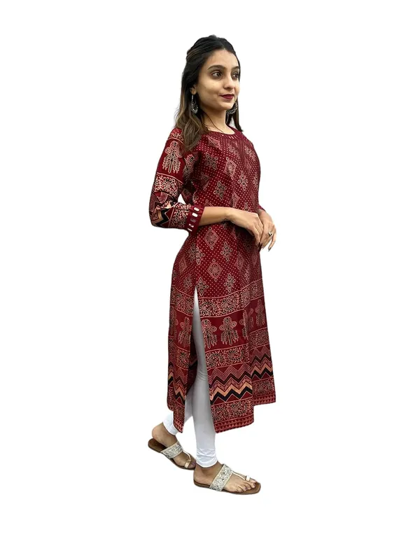 Maroon_Premium_Mashru_Silk_Long_Kurti_|__Round-Neck_Mirror_Work_For_Women