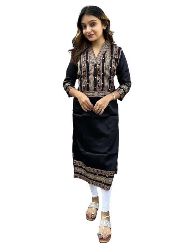 Black_Premium_Mashru_Silk_Long_Kurti_|_Embroiderd_Ethnic_Indian_Dress_|_V-Neck_Mirror_Work_Top_Tunic_Dress_For_Women