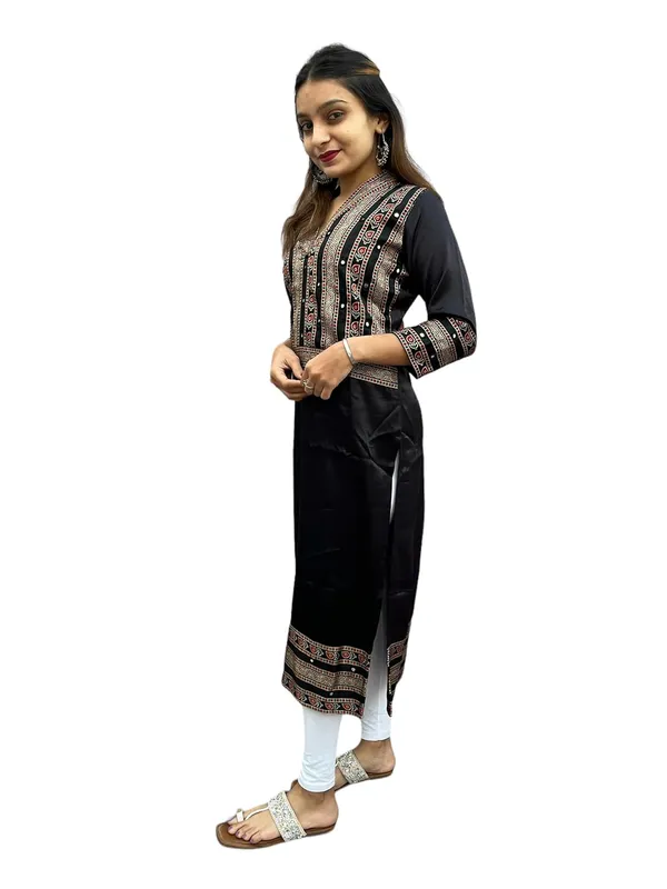 Black_Premium_Mashru_Silk_Long_Kurti_|_Embroiderd_Ethnic_Indian_Dress_|_V-Neck_Mirror_Work_Top_Tunic_Dress_For_Women